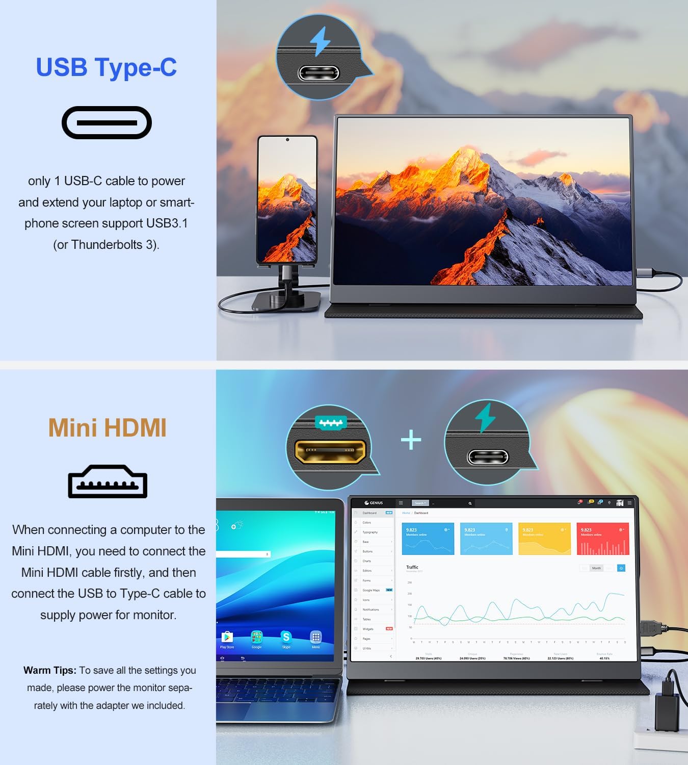 Portable Monitor 15.6'', 1080P FHD Plug&Play Travel Laptop Monitor