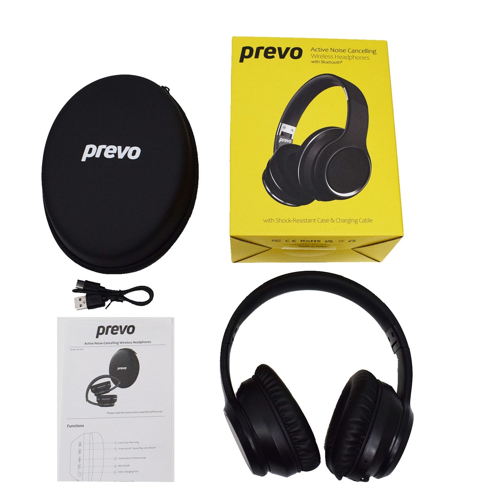 Prevo A6-ANC Active Noise Cancelling (ANC) Wireless Headphones with Bluetooth 5.4, True Wireless Stereo (TWS) Sound, Automatic Pairing & Handsfree Calls, with Case & Charging Cable