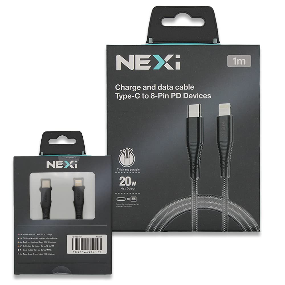 NEXi | Braided Nylon USB-C to Lightning PD Quick Charge Cable | 20W | 1 Meter | Black