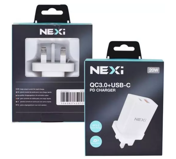 NEXi | 20W | 2 Port USB Fast Charger | Type-C PD & QC 3.0 USB | White | UK Plug