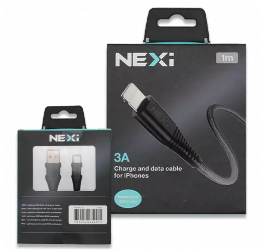 NEXi | Braided Nylon USB-A to Lightning Cable | 3A | 1 Meter | Black